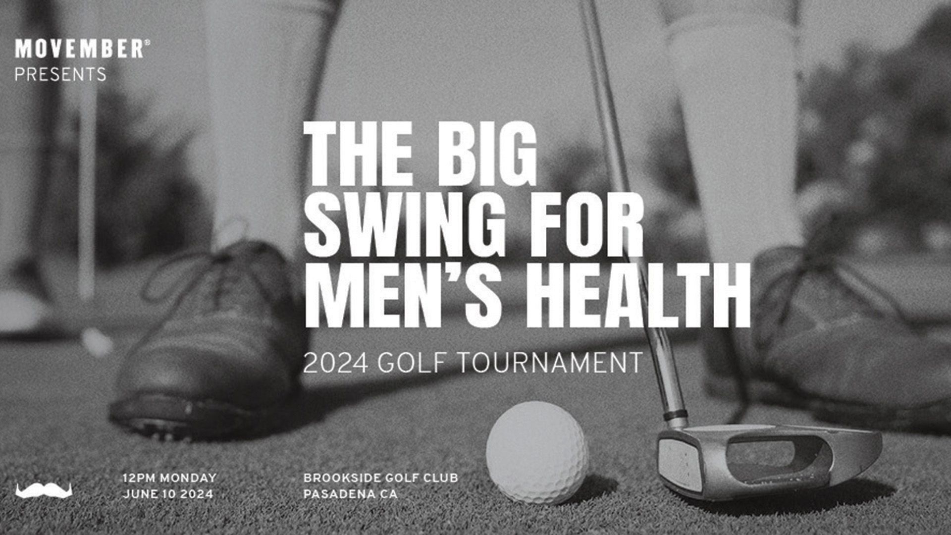 Black and white graphic promoting a Movember golfing event. It says: "The Big Swing for Men's Health. 2024 Golf Tournament."